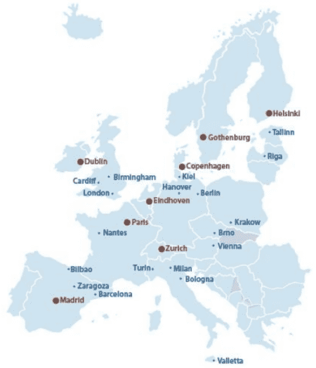 Mapa con las ciudades europeas del GCTCI